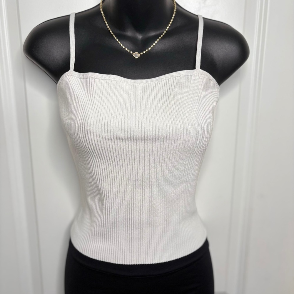 Babaton Sculpt Knit Ribbed Camisole Tank Top Off White Square Neck Medium 80714